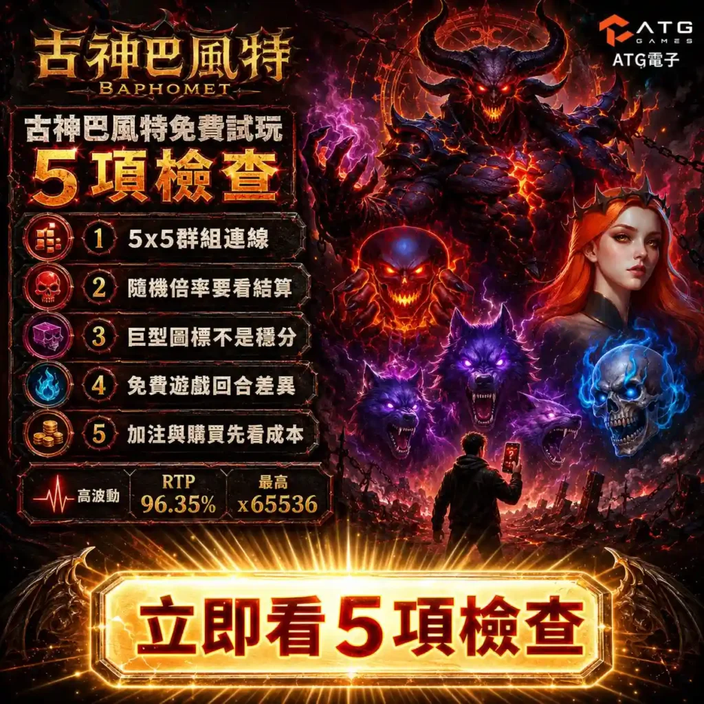 古神巴風特試玩版五項檢查圖，整理5×5群組連線、隨機倍率、巨型圖標、免費遊戲與加注成本重點